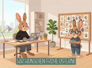 Zwei Osterhasen im Büro vor einem Kreativborard mit vielen Ostereiern.
