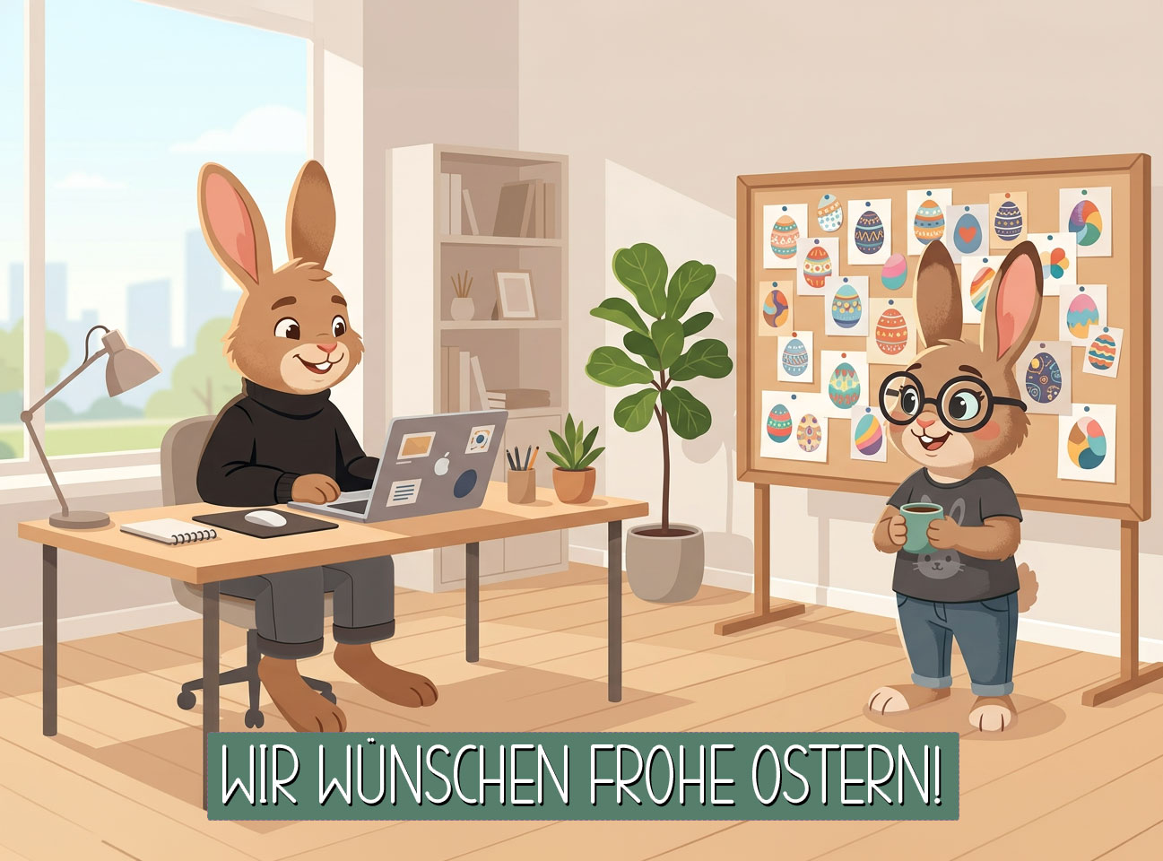 Zwei Osterhasen im Büro vor einem Kreativborard mit vielen Ostereiern.